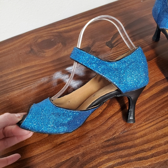 Burju Latin Dance Shoe Women's 9.5 Blue Glitter Sparkle Peep Toe Salsa - Picture 11 of 14